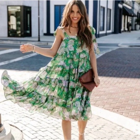 Vici Women's Green Floral Tiered Midi - Picture 1 of 9